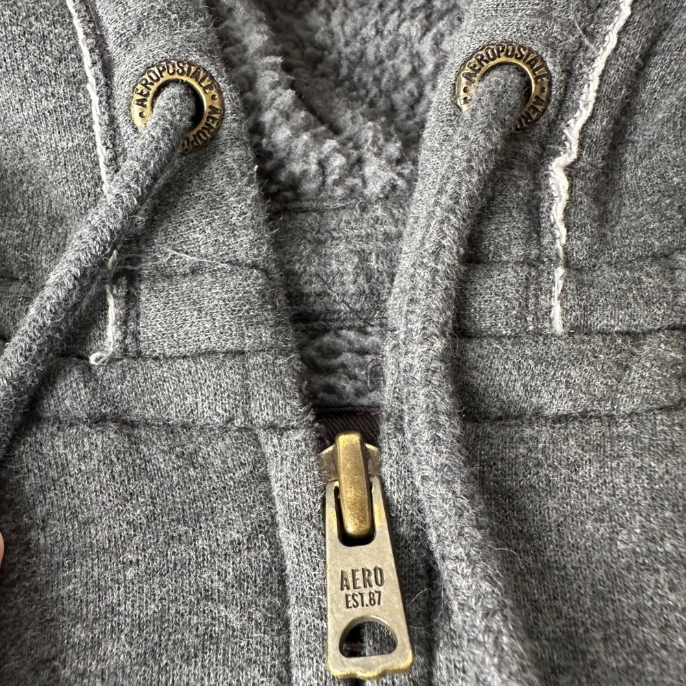 Aeropostale Full Zip Hoodie‎ Charcoal Gray Sherpa Lined Distressed Y2K Mens XL - Picture 12 of 16